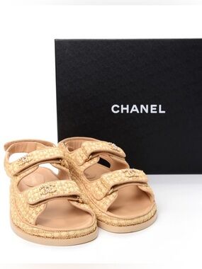 CHANEL Raffia Pearl Dad Sandals 37 Beige 21C CC Logo Velcro